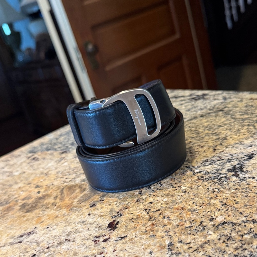 Salvatore Ferragamo Black Leather Belt with Silver Buckle